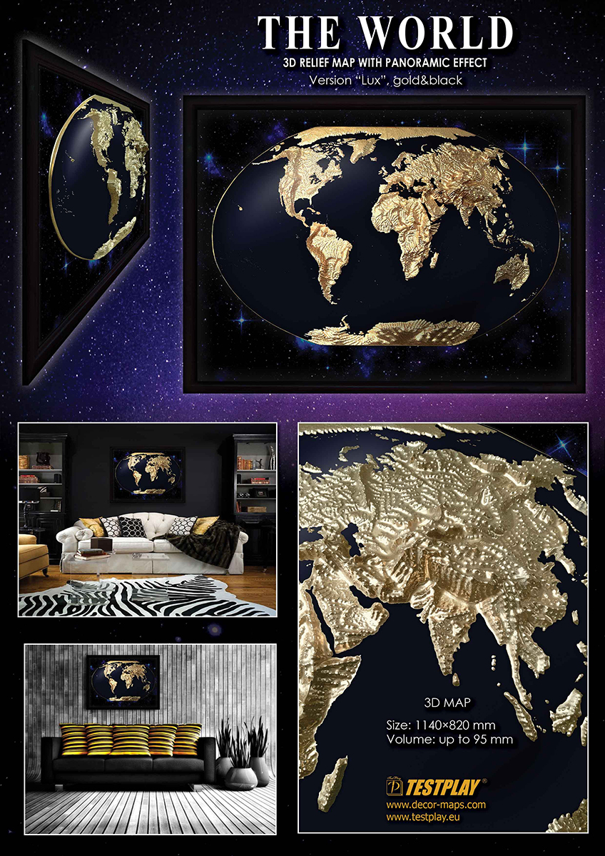 World 3D Map Large Gold & Black | Raised Relief Map by TestPlay | Portfolio