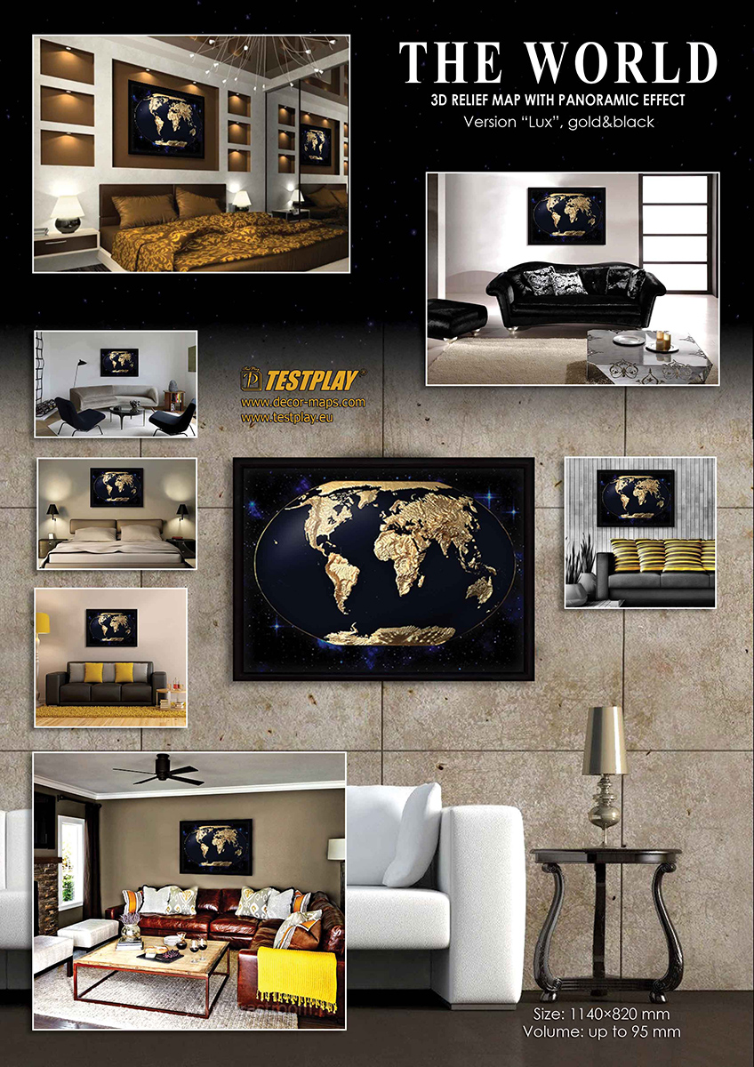 World 3D Map Large Gold & Black | Raised Relief Map by TestPlay | Portfolio