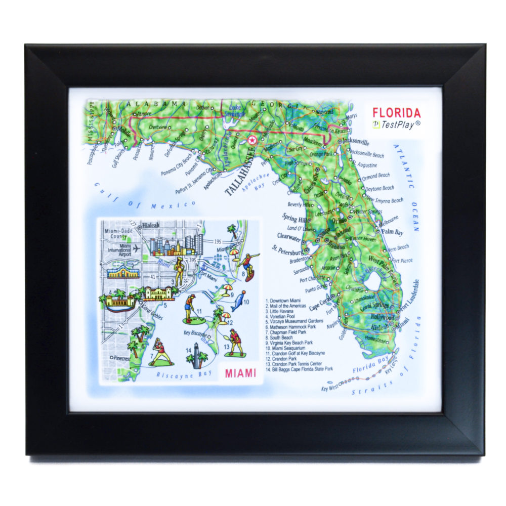 Florida 3D Map with Miami Inset by TestPlay - Souvenir, Keepsake, Decor