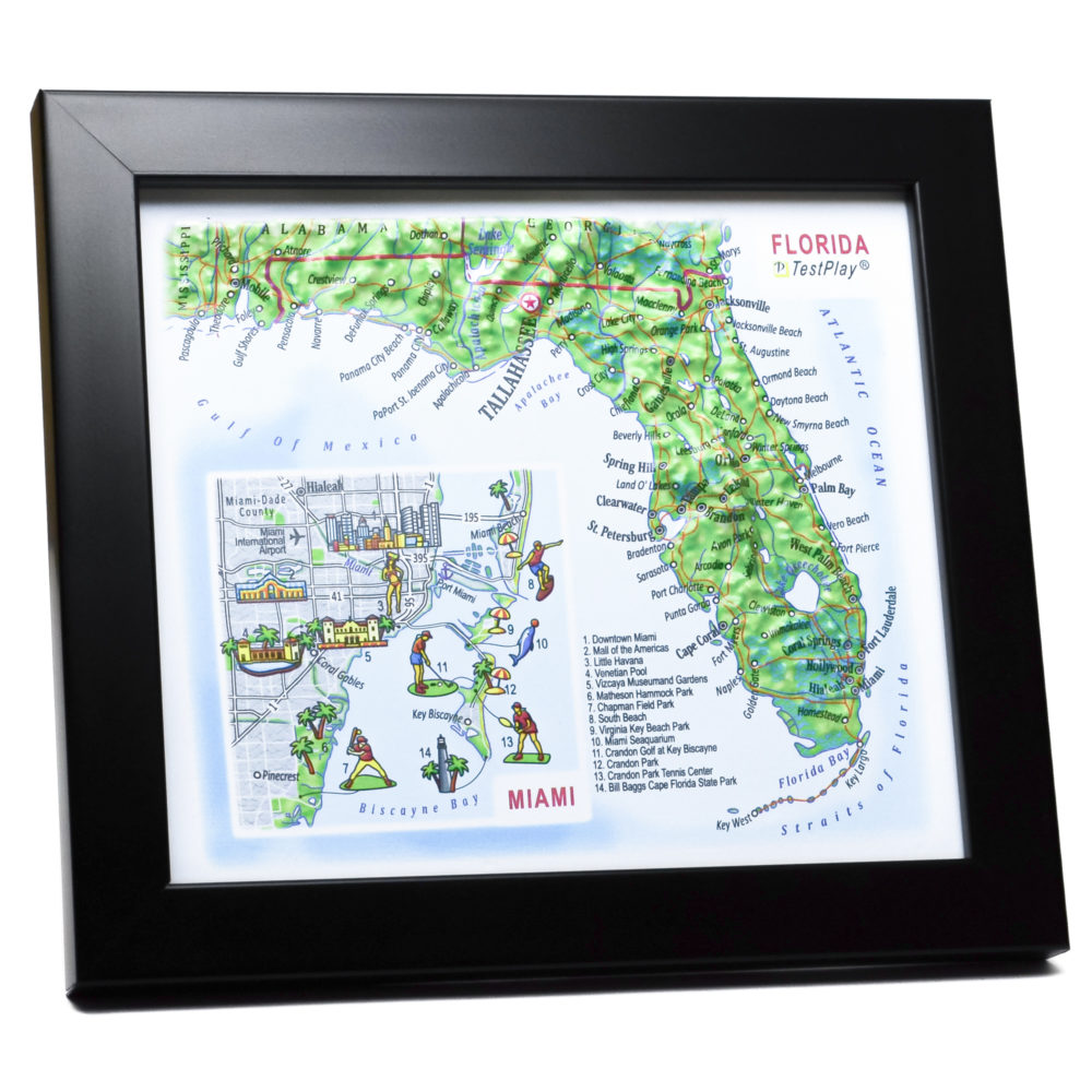 Florida 3D Map with Miami Inset by TestPlay - Souvenir, Keepsake, Decor