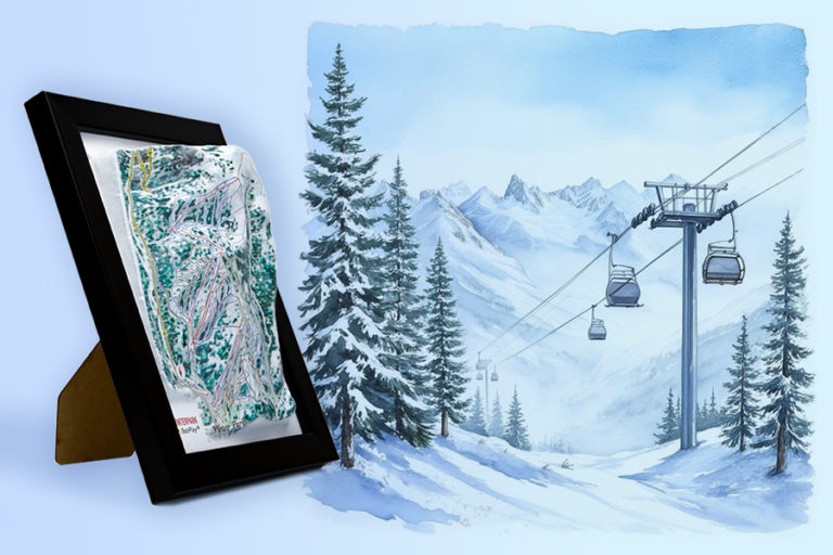 Raised Relief 3D Ski Maps show slopes, mountain terrain, ski runs, lifts, and elevation with a panoramic effect.