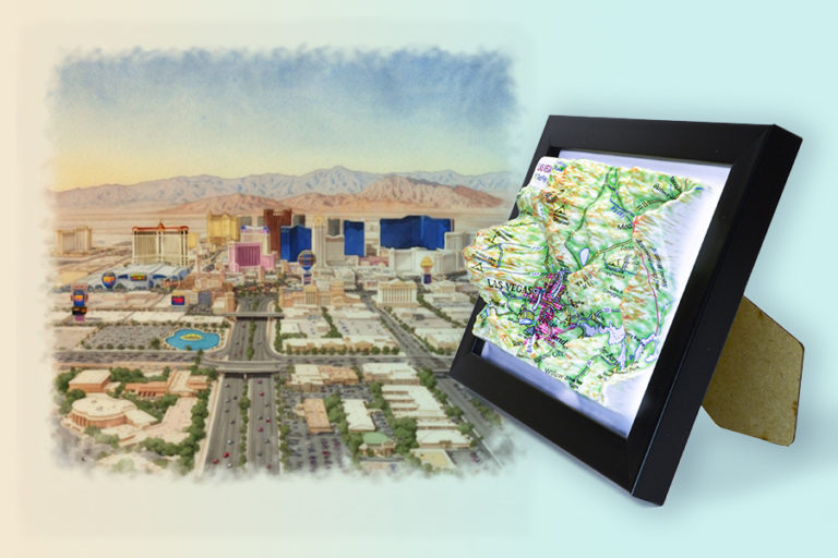 Raised Relief Cities 3D Maps showing urban terrain, elevation, and selected landmarks with a panoramic effect.