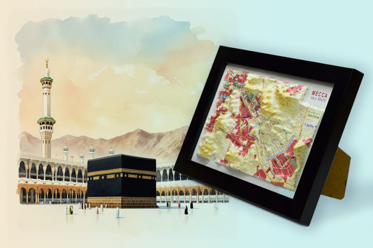 Raised Relief 3D Maps Cities Mecca & Medina featuring landmarks and pilgrimage routes, created with precision and respect with a panoramic effect.