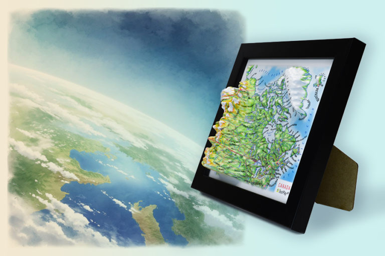 Raised Relief Countries 3D Maps visualizing terrain and geographic features with a panoramic effect.