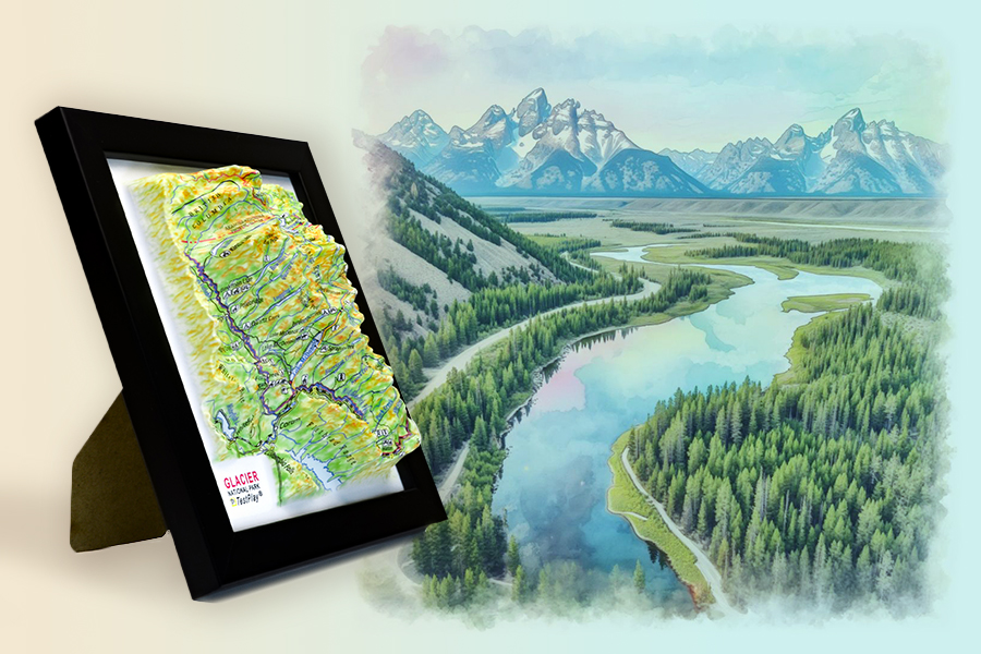 Raised Relief National Parks 3D Maps highlighting terrain, trails, and iconic landmarks with a panoramic effect.