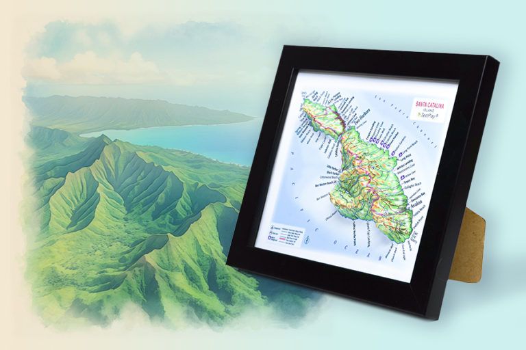 Raised Relief 3D Maps States & Islands focused on terrain, elevation, and landforms with a panoramic effect.